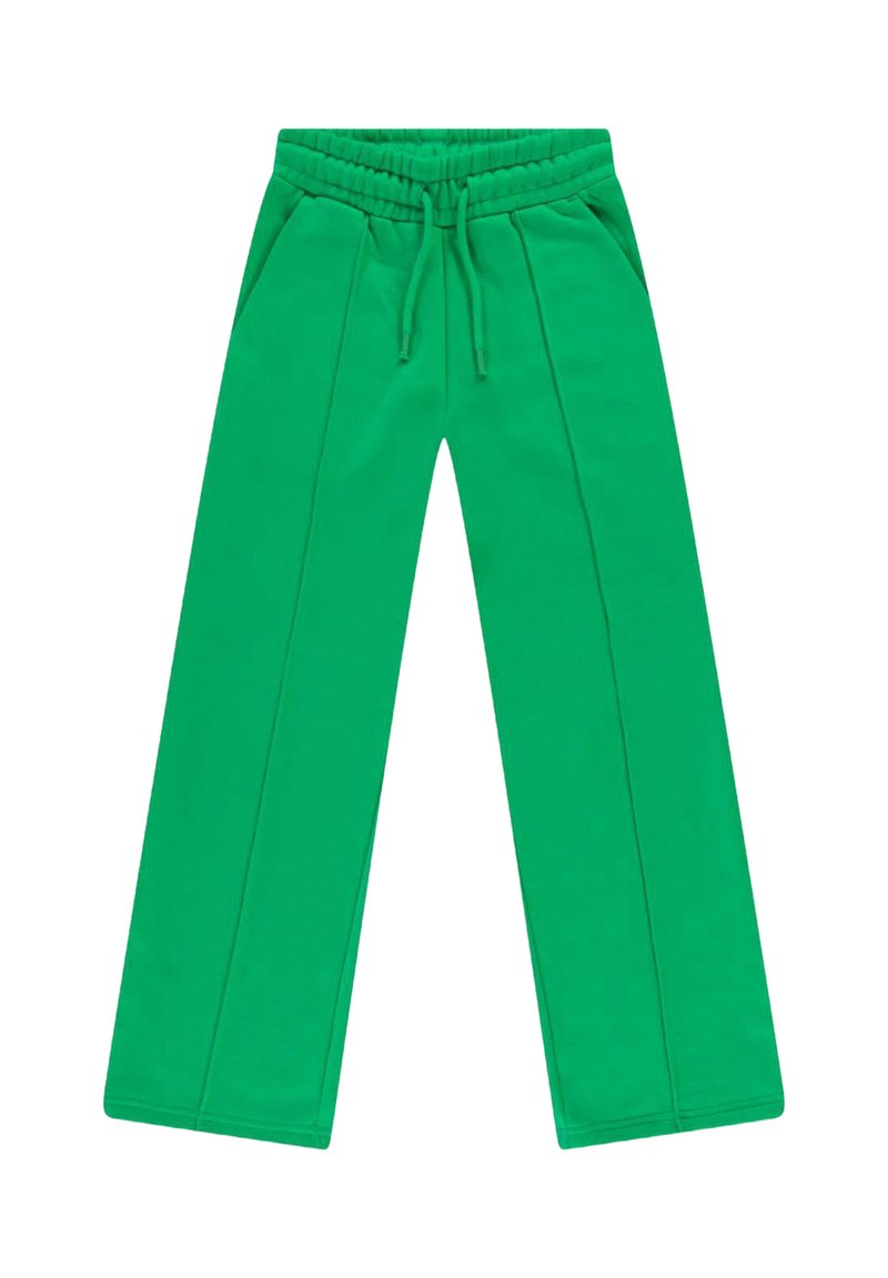 Groene sweatpants van zacht stof, met een elastische tailleband en een trekkoord, zijzakken en rechte pijpen.
