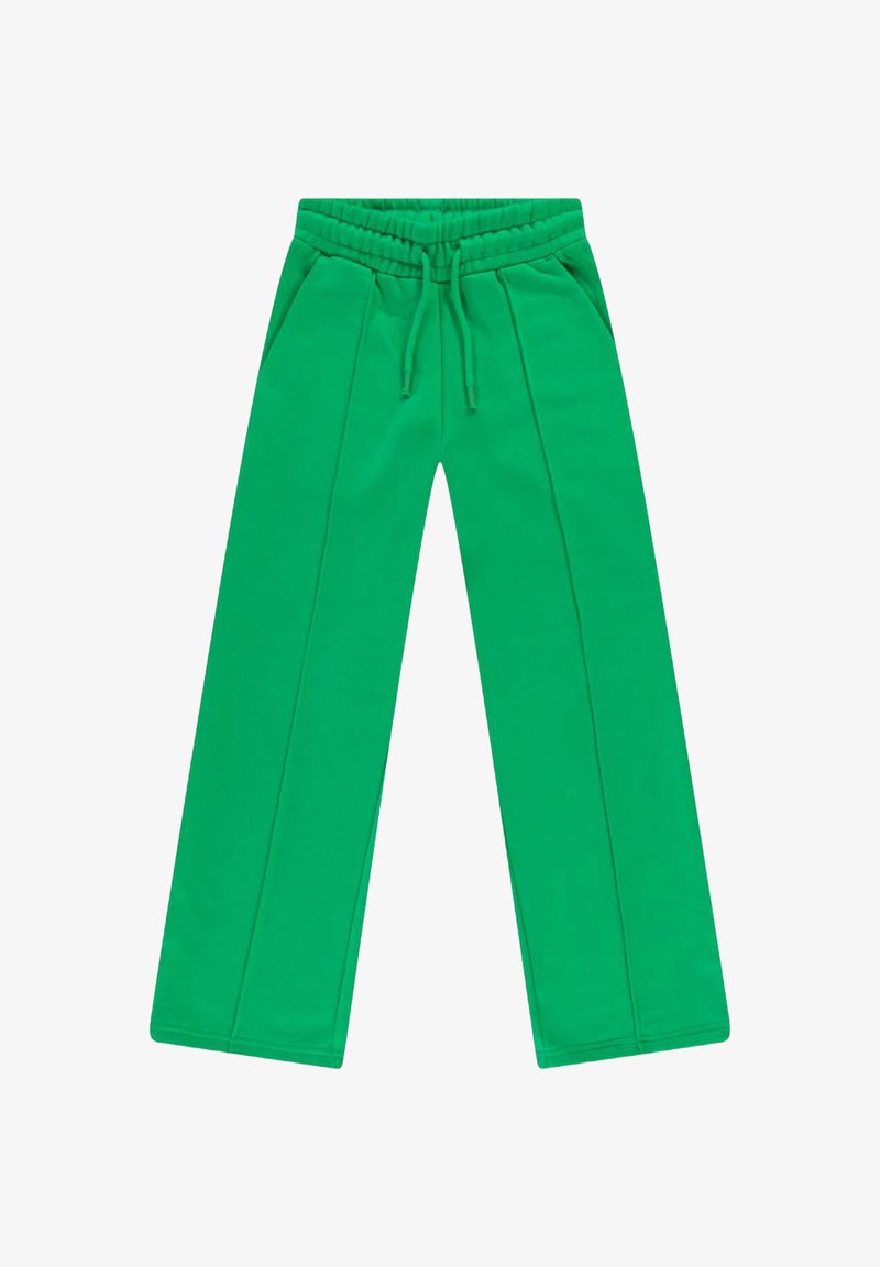 Groene sweatpants van zacht stof, met een elastische tailleband en een trekkoord, zijzakken en rechte pijpen.