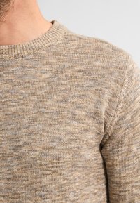 Beżowy sweter dzianinowy o fakturowanym, melanzowanym wzorze. Posiada ściągacz przy szyi oraz szwy na ramionach. Materiał wydaje się miękki i lekki.