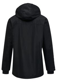 Svart vattentät jacka med huva. Har långa ärmar, elastiska manschetter och en slät yta. Enkel, funktionell design utan utsmyckningar.