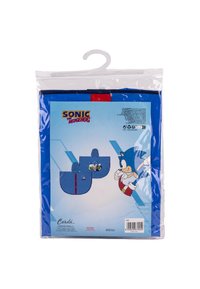 Emballage de sac à dos Sonic le hérisson bleu, présentant des illustrations, une fermeture éclair rouge et une surface brillante. Se suspend à un crochet en plastique transparent.