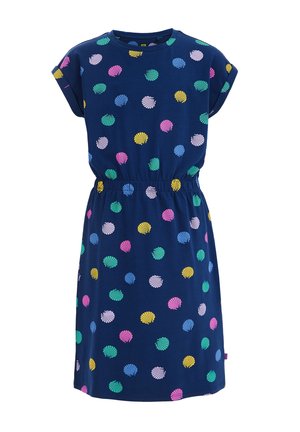 Marineblå kjole med korte ærmer og elastisk talje, med et mønster af farverige skaller i pink, gul, grøn og blå.