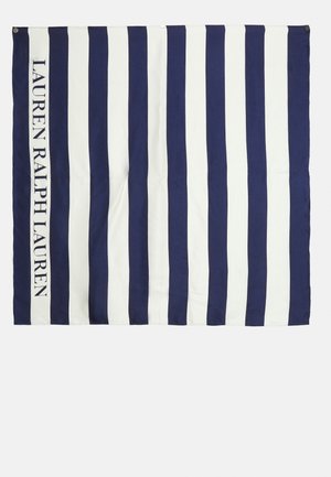 Écharpe à rayures verticales bleu marine et blanches avec le texte « LAUREN RALPH LAUREN » imprimé verticalement sur le côté gauche.
