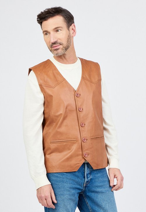 Gilet en Cuir Véritable pour Hommes Vintage Marron Slim Fit