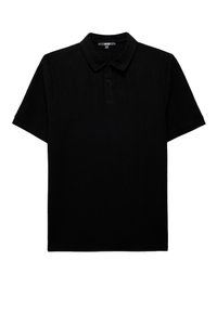 Sort polo shirt med ribbet struktur, korte ærmer og en tre-knaps placket. Kraven er flad og holder en klassisk form.