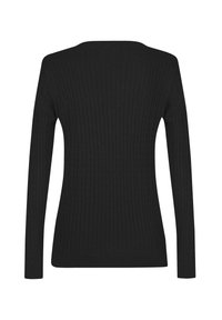 Schwarzer Langarmpullover mit gerippter Textur, ausgestattet mit einem runden Halsausschnitt und taillierter Passform, zeigt einen nahtlosen Rücken ohne Verzierungen.