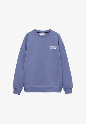 Felpa blu in misto cotone, con scollo rotondo e polsini a coste. Testo stampato in bianco nell'area sinistra del petto.