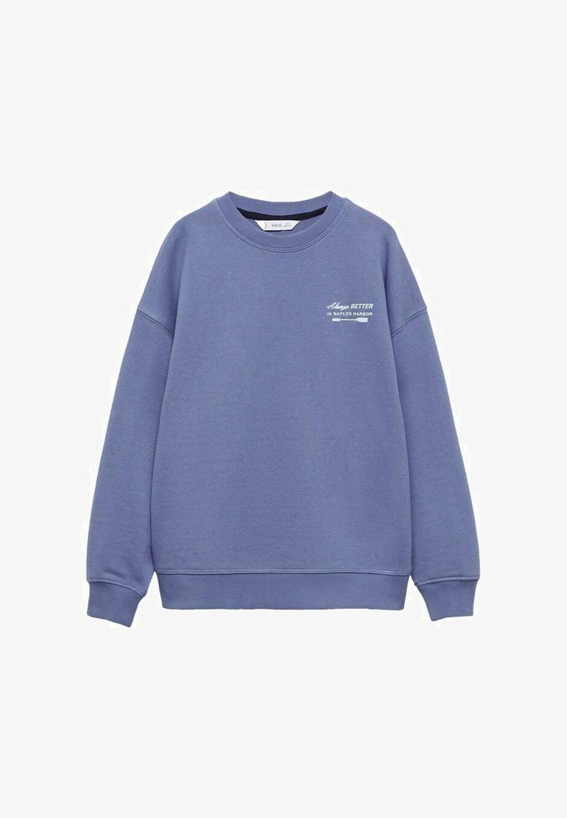 Blå sweatshirt av bomullsblandning, med rund halsringning och ribbade ärmslut. Tryckt text i vitt på vänster bröstområde.