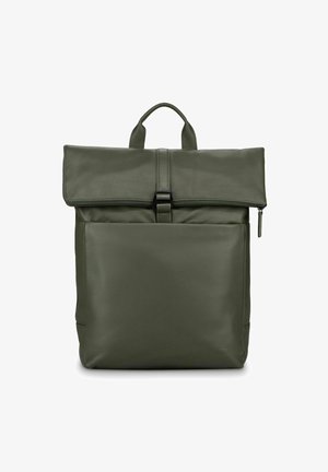 Green leather backpack with a roll-top design, adjustable buckle closure, front pocket, and top handle for easy carrying. Smooth texture.