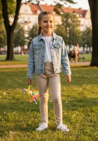 Dziecko ubrane w kurtkę z jasnego denimu, białą koszulkę i beżowe legginsy, trzymające kolorowe wstążki, stojące na trawie w parku.