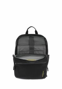 Zaino nero con scomparto principale con zip, tasca in rete e spallacci regolabili. Realizzato in tessuto resistente con una superficie liscia.