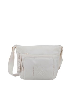 Hellbeige Umhängetasche aus strukturiertem Stoff, mit Reißverschlusstasche vorne, verstellbarem Riemen und geprägt eingestelltem Logo.