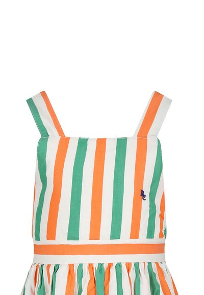 Robe sans manches avec des rayures verticales orange, verte et blanche, présentant une taille froncée et un petit logo bleu sur le devant.