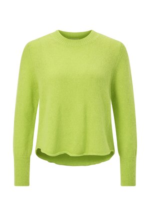 Lime green knitted sweater with long sleeves, round neck, and loose fit. Features ribbed cuffs and a slightly longer back hem.