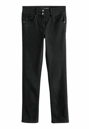 Černé džíny z denimu s klasickým rovný střihem, s vysokým pasem, dvěma předními kapsami a zapínáním na knoflíky.