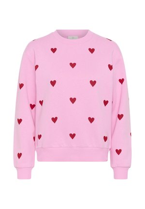 Rosa Sweatshirt mit durchgehendem roten Herzmuster, gerippten Bündchen, Saum und Rundhalsausschnitt.