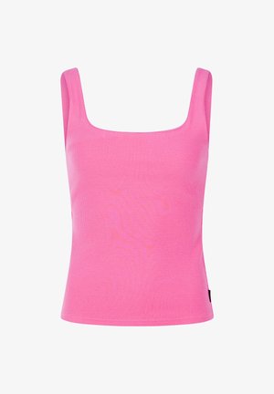 Top de tirantes anchos ajustado de color rosa con una textura acanalada y un escote cuadrado. Textura suave y dobladillo recto en la cintura.