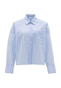 Camicia button-up a righe blu e bianche con taschino sul petto; presenta maniche lunghe e una vestibilità morbida con righe orizzontali a contrasto sul taschino.