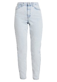 Vaaleansiniset korkeavyötäröiset farkut, jotka on valmistettu denimistä. Suora lahjetyyli, jossa näkyvät saumat ja yksi etunappilukko. Sileä pinta.