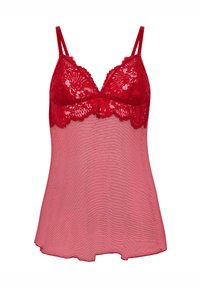 Κόκκινο δαντελένιο καμιζόλ με ρυθμιζόμενους ιμάντες, διακοσμημένο με κυματοειδή σχεδίαση και πουά μοτίβο. Το διαφανές ύφασμα προσθέτει υφή και διάσταση.