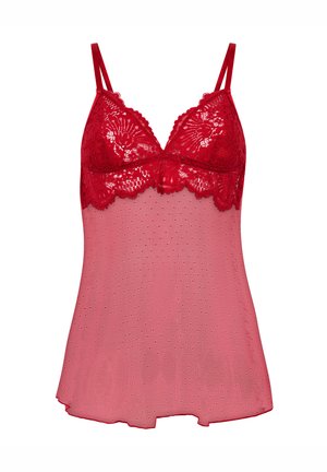 Crvena čipkasta majica na bretele s podesivim naramenicama, sa nazubljenim dizajnom i uzorkom točkica. Prozirni materijal dodaje teksturu i dimenziju.