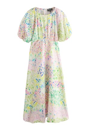 Rochie midi albă cu mâneci puf și imprimeu floral abstract colorat în verde, roz, albastru și galben, în stil acuarelă.
