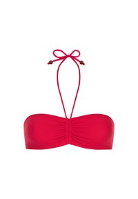 Czerwony bikini w formie bandeau z regulowanymi wiązaniami, marszczonym środkiem oraz drewnianymi koralikami. Gładka tekstura i minimalistyczny design.
