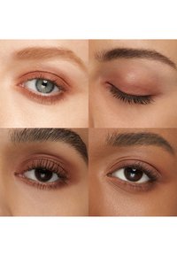 Quatre gros plans d'yeux divers avec un fard à paupières marron naturel et du mascara ; un œil fermé, les autres ouverts montrant les détails du maquillage.