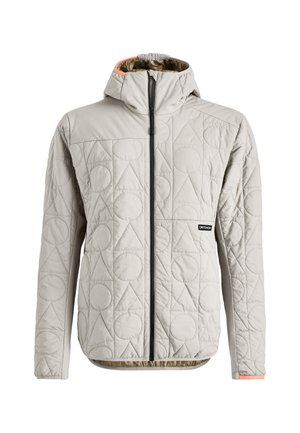 Light gray quilted jacket with a hood, featuring circular and triangular patterns, a zip front, and contrasting orange lining and accents.