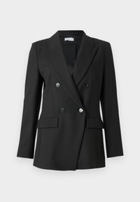 Svart dobbelspent blazer laget av glatt stoff. Har klippede slag, to franske lommer og sølvknappe detaljer.