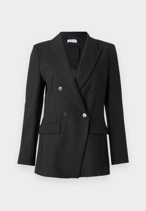 Black double-breasted blazer made of smooth fabric. Features notched lapels, two front pockets, and silver-button accents.