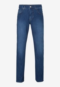 Mörkblå denimjeans med rak benform, femficksdesign, bälteslingor och en enkel knappknäppning vid midjan.