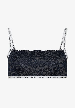 Granatowy koronkowy biustonosz o falbaniastych krawędziach i regulowanych białych ramiączkach z powtarzającym się wzorem logo. Miękka tekstura i dopasowany krój.