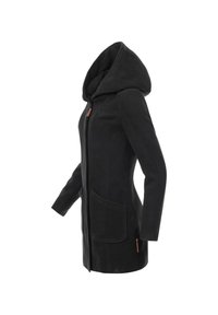 Manteau noir pour femme, longueur genou, taille cintrée, grande capuche, fermeture éclair devant et poches plaquées de chaque côté.
