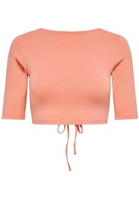 Crop top in soft coral fabric, featuring three-quarter sleeves and a tied hem detail. Smooth texture with a fitted design.