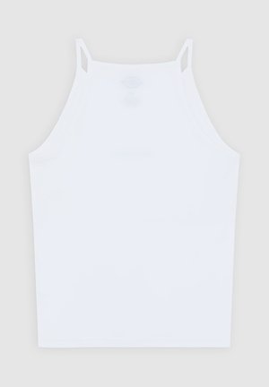 Top bianco senza maniche, realizzato in tessuto liscio, con spalline sottili e taglio dritto. Nessun motivo o accento rilevante visibile.