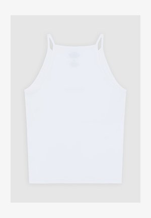 Top bianco senza maniche, realizzato in tessuto liscio, con spalline sottili e taglio dritto. Nessun motivo o accento rilevante visibile.