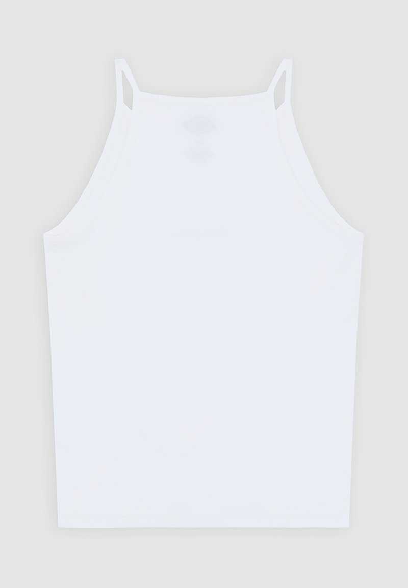 White sleeveless top made of smooth fabric, featuring thin straps and a straight-cut design. No patterns or notable accents visible.