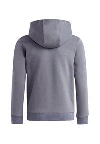Sweat à capuche gris avec une grande capuche, des manches longues et des poignets côtelés. Texture lisse avec un design simple et sans logos ou motifs visibles.