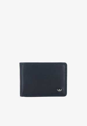Cartera negra de cuero bifold con bordes cosidos y un pequeño emblema plateado en la esquina inferior derecha, sobre un fondo blanco.