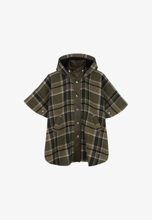 Poncho a quadri verdi con maniche corte, dotato di cappuccio e bottoni a pressione, realizzato in misto lana con dettagli in pelle e tasche laterali.