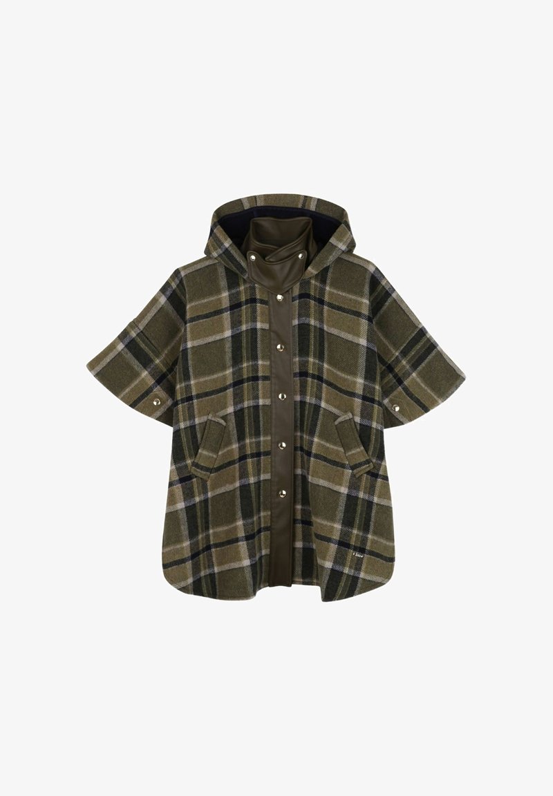 Groene geruite poncho met korte mouwen, voorzien van een capuchon en drukknoopsluiting, gemaakt van een wolmix met leren accenten en zijzakken.