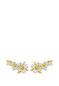 Gold-tone floral earrings featuring white and yellow gemstones, arranged in floral patterns with leaf accents, polished finish.