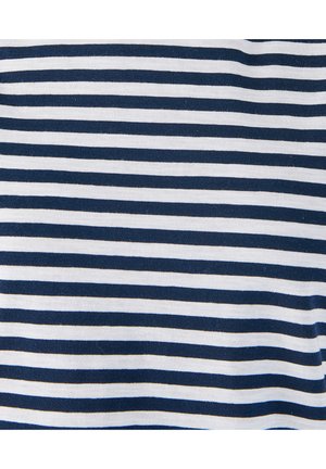 Tessuto di cotone a righe navy e bianche con strisce orizzontali uniformi, caratterizzato da una consistenza morbida e un motivo di colore coerente.