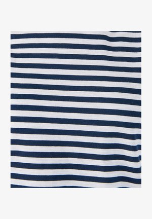 Navy en witte gestreepte katoen stof met gelijkmatige horizontale strepen, met een zachte textuur en een consistent kleurenpatroon.