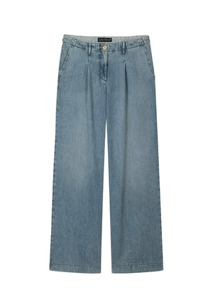 Light blue wide-leg jeans with front pleats, side pockets, button and zipper closure, and a gray waistband lining.
