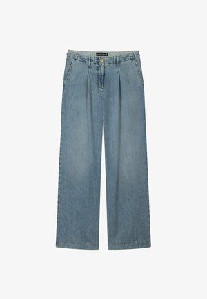 Light blue wide-leg jeans with front pleats, side pockets, button and zipper closure, and a gray waistband lining.