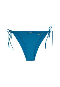 Blå bikiniunderdel med texturerad tyg, justerbara knytband på sidorna och en liten gulddetalj. Slät design och medelhög täckning.