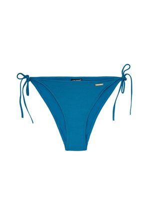 Bas de bikini bleu en tissu texturé, avec des côtés réglables à nouer et un petit accent doré. Design lisse et couverture moyenne.