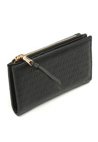 Black leather wallet with embossed pattern, zip closure, and gold-tone hardware. Features a tassel zipper pull and rectangular shape.